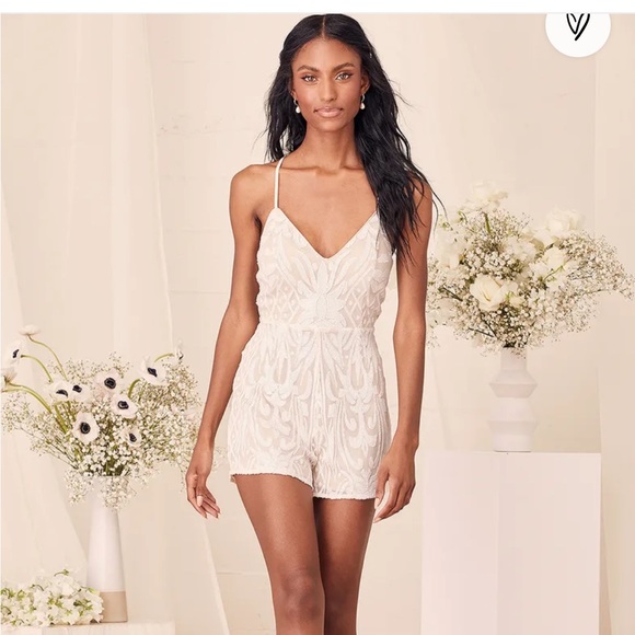 Lulu’s Catch a Spark White and Beige Sequin Romper - Picture 2 of 7
